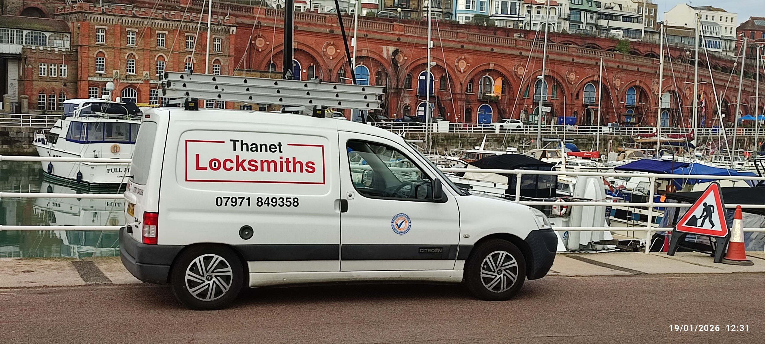 Thanet Locksmiths emergency locksmith van at Ramsgate Harbour in Ramsgate CT11.
